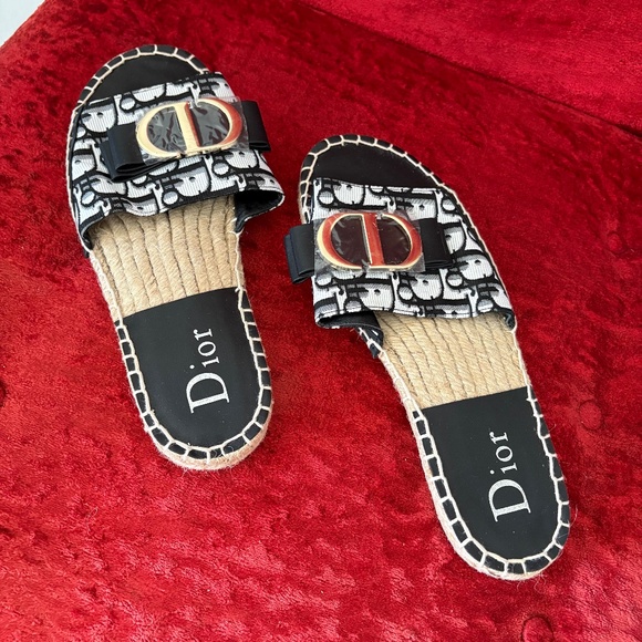 RARE DIOR Black and White Monogram Espadrille Sandals With gold CD Logo Size 41 - Picture 1 of 4